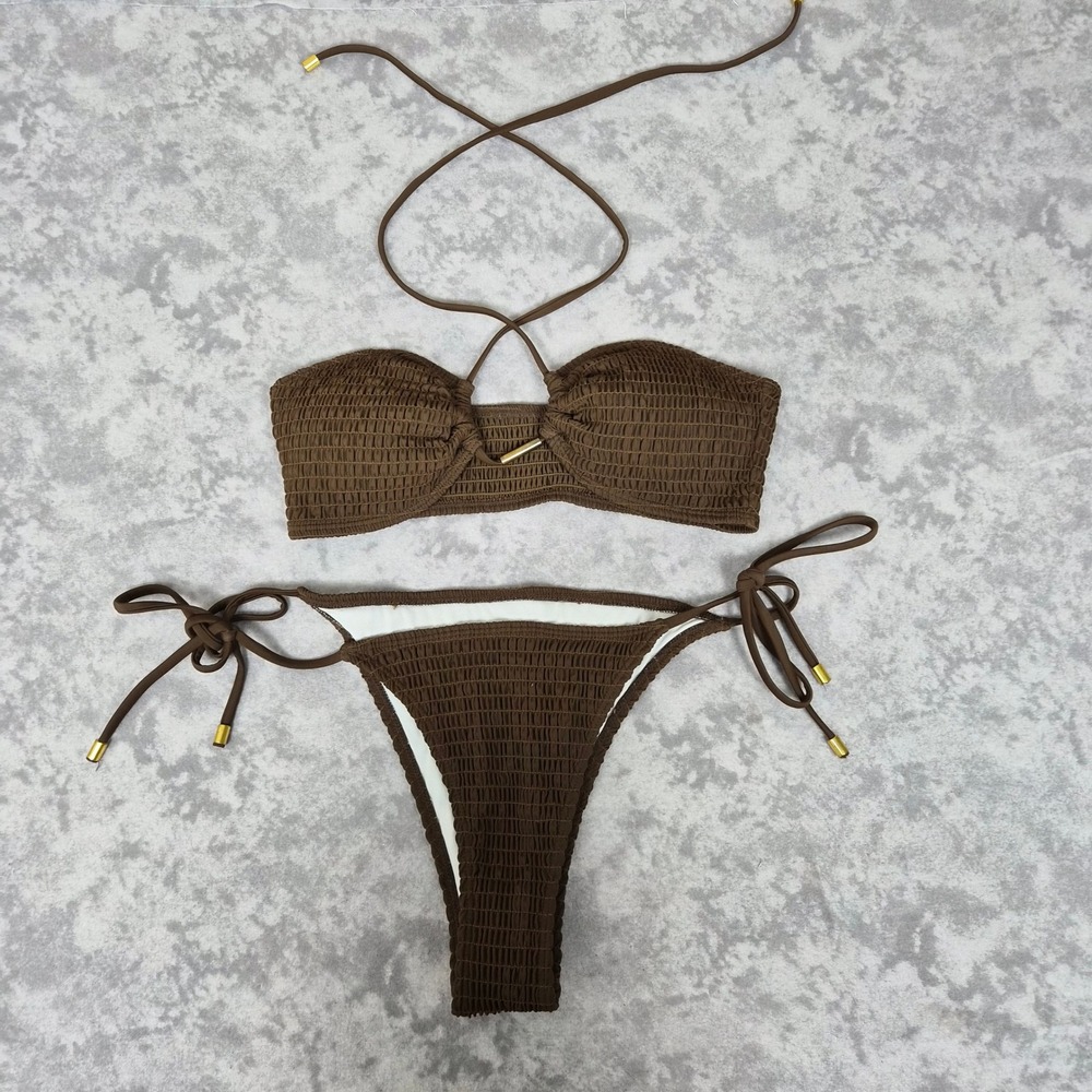 Ribbed Bikini Set Womens Small Brown Coconut Girl Beach Resortwear Vacation Boho